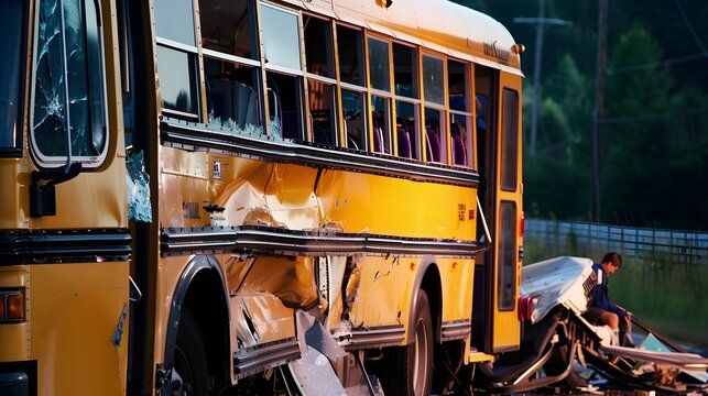 Dramatic scene of a severely damaged school bus following a disastrous collision on the road at night