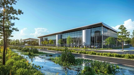 Obraz premium Modern corporate building with glass facade surrounded by lush greenery and a water feature, under a clear blue sky.