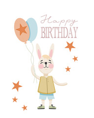 Childrens happy birthday card.Cute rabbit with ballons and calligraphy. Vector illustration template