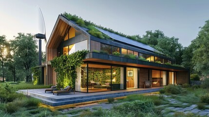 Modern eco-friendly house with green roof, large windows, and wind turbine in a lush natural setting during sunset.