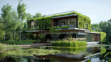Modern eco friendly house with lush greenery and a pond surrounded by a natural landscape, showcasing sustainable architectural design.