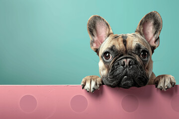 Cute French Bulldog Peeking Over Pastel Pink Billboard with Teal Background for Ad Banner or Party Invitation
