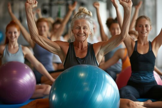 Elderly women in a group fitness class with exercise balls. Indoor fitness photography