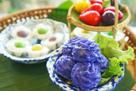 Steamed Flower Shaped Dumplings Called Chor Muang (Purple Bouquet), a Beautiful and Tasty Thai Traditional Appetizer