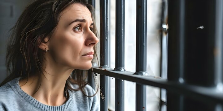 A woman in prison gazes wistfully out of a window. Concept solitary confinement, longing, imprisonment, hopelessness, yearning