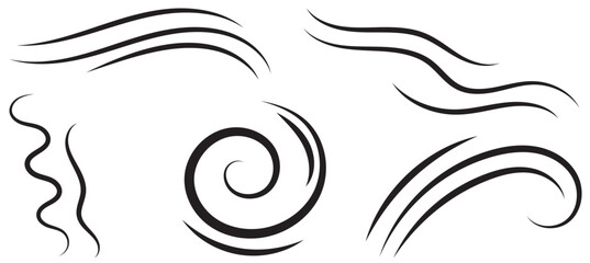 Big set of line winds. Air, wind, swirl in doodle illustration style. Vector illustration on white background