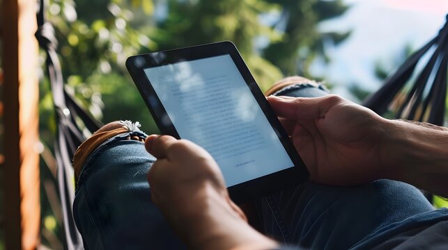 Digital Nomad Taking a Break to Read on an E-reader in a Peaceful Nature Setting