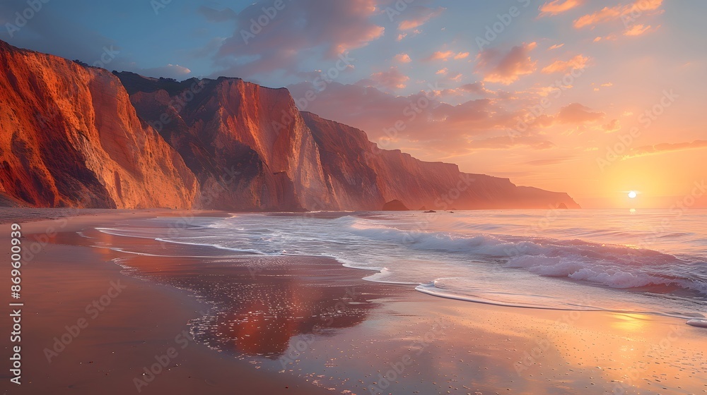 Wall mural Beach with waves and rocks at sunset, stunning natural scenery, Perfect place for vacation or relaxation. concept of natural landscape scenery, summer vibes