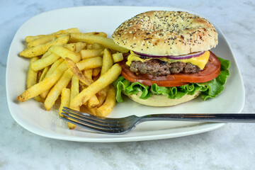 cheese burger with tomato and onion oa a everything bagel