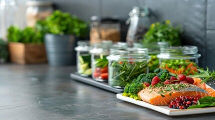 Healthy meal prep with fresh vegetables, salmon, and herbs in a modern kitchen. Jars of greens and colorful produce on a slate countertop.