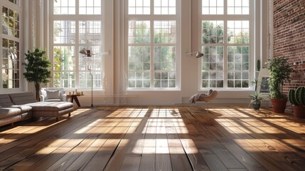 Roomy space featuring big white windows and timber floors