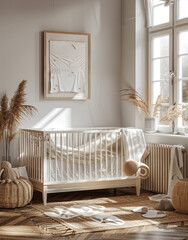 Modern Boho Nursery Room with Baby Crib and Wooden Frame Mockup, Cozy Interior Design, Warm Natural Light