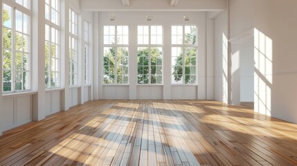 Roomy space featuring big white windows and timber floors