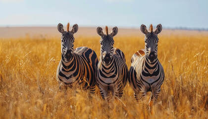 Obraz premium Three Zebras Standing in Tall Grass