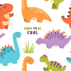 Seamless pattern with dinosaurs. Cute cartoon dinosaurs, children's print, vector.