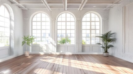 Roomy space featuring big white windows and timber floors