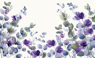 Watercolor Lavender and Eucalyptus Botanical Frame, Greenery Leaves and Purple Flowers Wedding Invitation Template