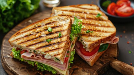 Club sandwich panini with ham, tomato, cheese and lettuce. Top view