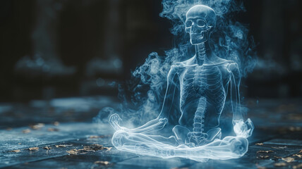 Obraz premium Detailed X-ray: skeleton in yoga pose, golden ratio, soft hues, 3D effect, advanced imaging, photorealistic, anatomical accuracy.generative ai