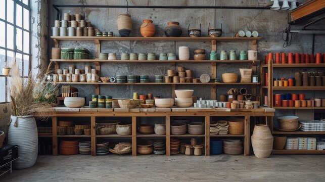 Rustic pottery workshop with shelves of handcrafted ceramic pots, bowls, and vases. Sunlight streaming through large windows.