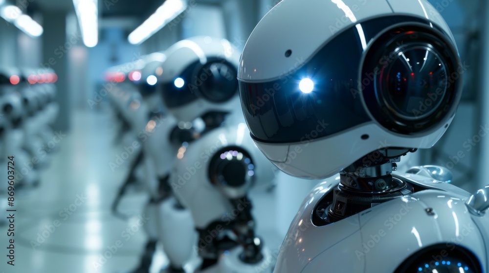 Aufkleber A close-up shot of a line of robots in a factory setting. The robots are all white and have large, round heads with blue eyes. The robots are standing in a line, facing the camera.
