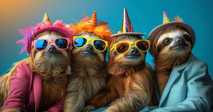 Happy sloths photo in colorful party glasses on blue background, funky wild outfits, bright advertisement, birthday party invite banner, creative animal concept, sloths in colorful outfits