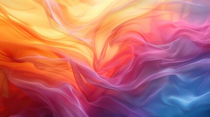 Obraz premium Vibrant abstract background with flowing multicolored fabric patterns in hues of orange, pink, purple, and blue, creating a dynamic, ethereal effect.