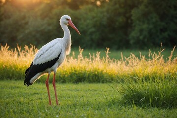 Fototapeta premium Adult European White Stork Standing In Green Summer Grass. Wild Field Bird In Sunset Time