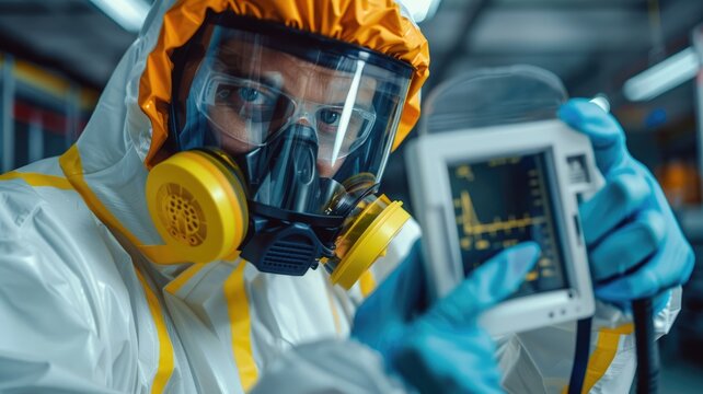 Person in hazmat suit operating medical monitor lab