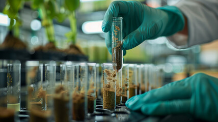 Scientist analyzing soil sample in a test tube in a laboratory.