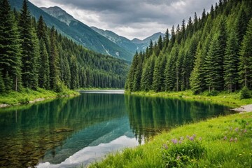 Beautiful landscape view of green summer forest with spruce and pine trees mountain, lake, river. Adventure travel nature background. Ecosystem ecology healthy environment.