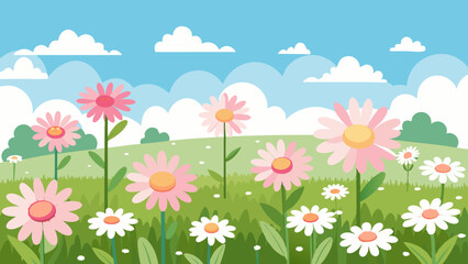 Obraz premium Meadow with many white and pink spring daisy flowers on a sunny day. Nature landscape vector illustration