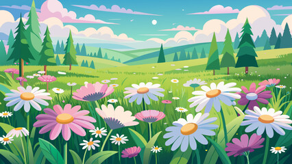 Fototapeta premium Meadow with many white and pink spring daisy flowers on a sunny day. Nature landscape vector illustration
