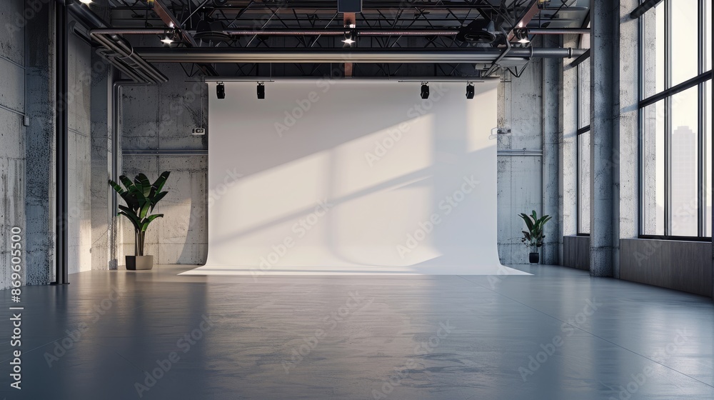 Wall mural High professional photo studio with large white backdrop and lighting. Industrial design concept