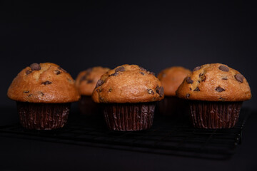 Chocolate muffins with chocolate chips on a black background. Selective focus.