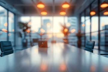 Blurred Background of Modern Office Interior with Table Chairs Light from Windows Abstract Design Concept for Business Meeting or Conference Room