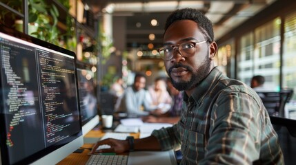 Focused Black Male Programmer Working on Code in Modern Office