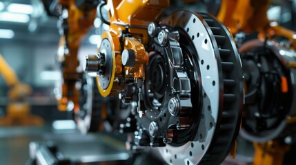Fototapeta premium A close-up of an industrial robot arm in an assembly line, showing the intricate mechanical details of the arm and the precision with which it operates.
