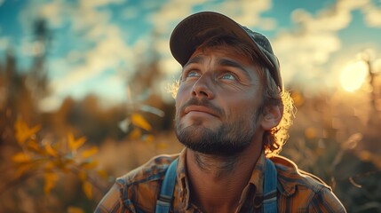 Obraz premium Young Man Gazing Upwards at Sunset in a Field