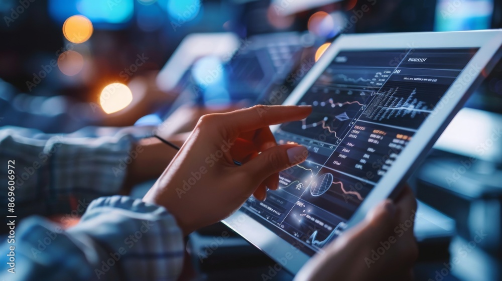 Poster A close-up image of a persons hand pointing at a tablet screen displaying data visualizations, likely graphs and charts, with a blurred background of a computer monitor.
