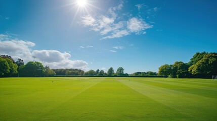 cricket field on a sunny day. Cricket pitch empty summer sport green grass field background. cricket pitch on a sunny day.