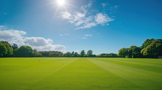 cricket field on a sunny day. Cricket pitch empty summer sport green grass field background. cricket pitch on a sunny day.
