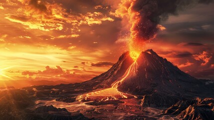 An erupting volcano with flowing lava and smoke against a dramatic sky at sunset. Nature and landscape concept
