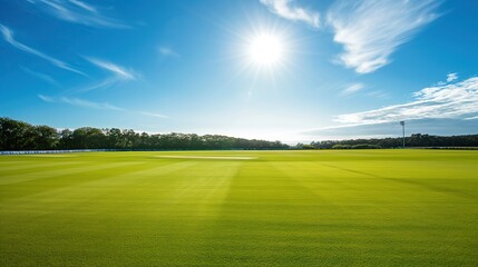 cricket field on a sunny day. Cricket pitch empty summer sport green grass field background. cricket pitch on a sunny day.