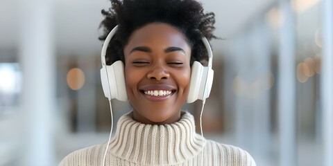 African American Woman Smiling and Engaged in Online Learning with Headphones. Concept Online Learning, African American Woman, Smiling, Headphones, Engagement