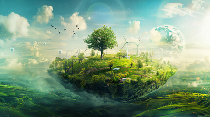 Obraz premium A conceptual image illustrating the collaborative efforts of humanity and technology in advancing sustainability goals, with imagery of digital innovation, renewable energy sources, and ecological