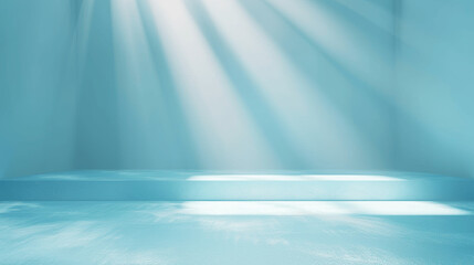 Minimal Light Blue Background with Sun Rays for Product Display, Empty Studio with Pastel Backdrop and Spotlights