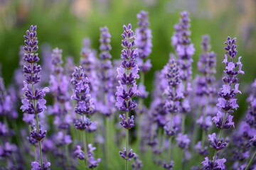 A bunch of purple flowers with green leaves. The flowers are in full bloom and are arranged in a way that they are all facing the same direction