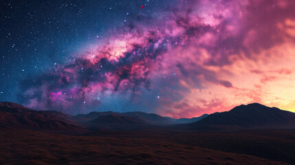 Fototapeta premium Amazing view of the starry sky and mountain landscape with a bright shining colorful nebula.