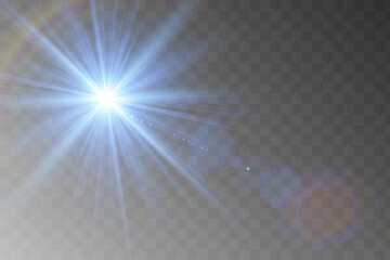 White glowing light explodes on a transparent background. with ray. Transparent shining sun, bright flash. Special lens flare light effect.
